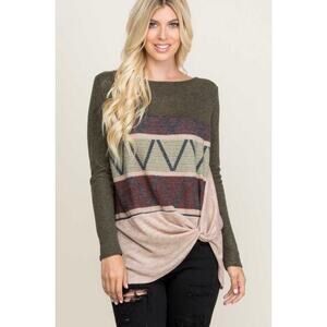 Olive and Tan Block Stiped Long Sleeve Sweater with a Twist Tie size 3XL